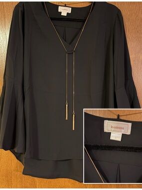 Kamana Black V-Neck Bell Sleeve Blouse with Gold Tassel Detail